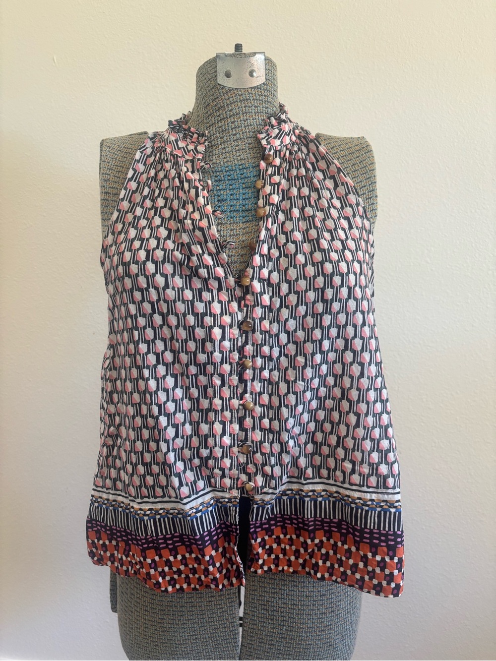 Maeve Pink & Black Geometric Halter Button-Front Camisole